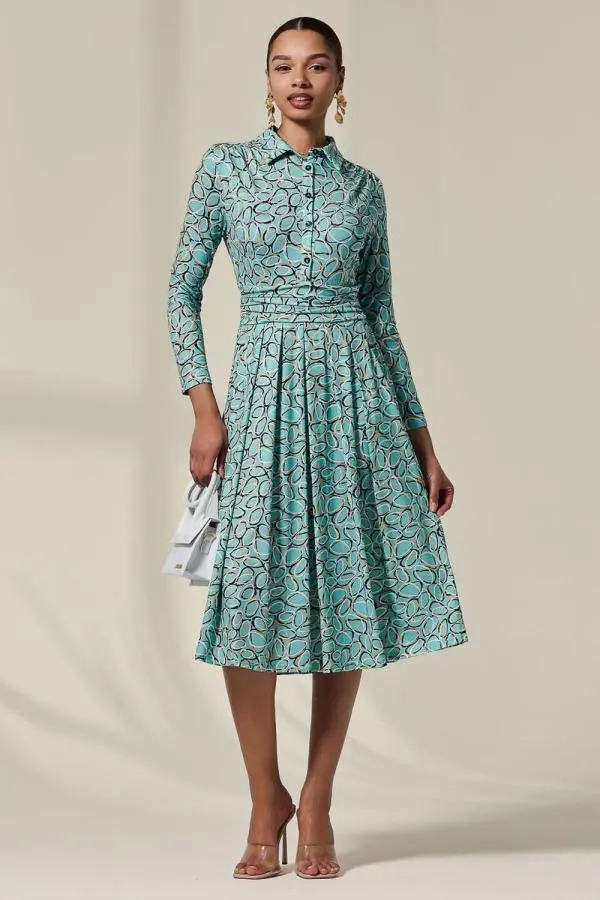 Jolie Moi Women's Long Sleeve Button Up Midi Dress in Teal 