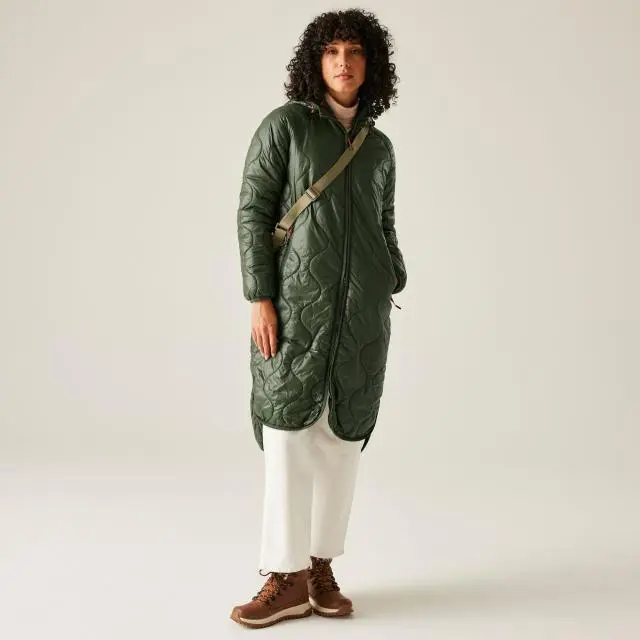 Regatta Women's Triea Longline Hooded Insulating Baffled Jacket in Green | Size: 20