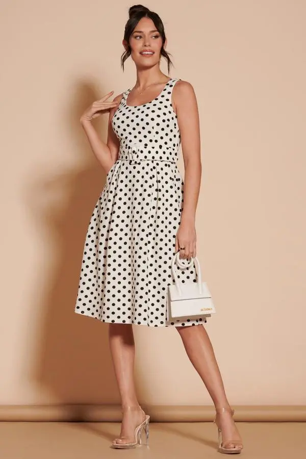 Jolie Moi Women's Polka Dot 1950's Inspired Swing Dress in Cream 