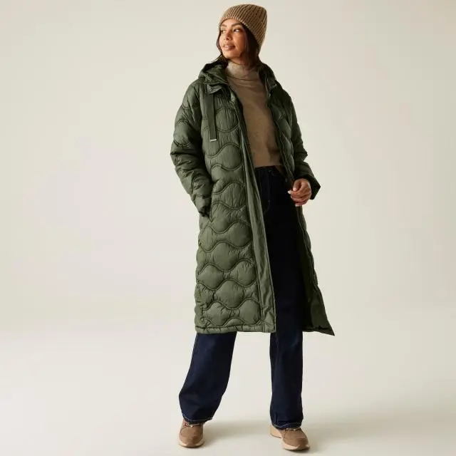 Regatta Women's Embrie Longline Hooded Insulating Padded Jacket in Green 