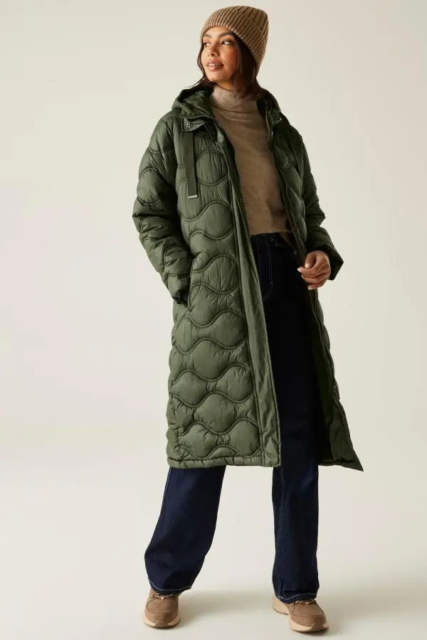 Regatta Women's Embrie Longline Hooded Insulating Padded Jacket in Green 