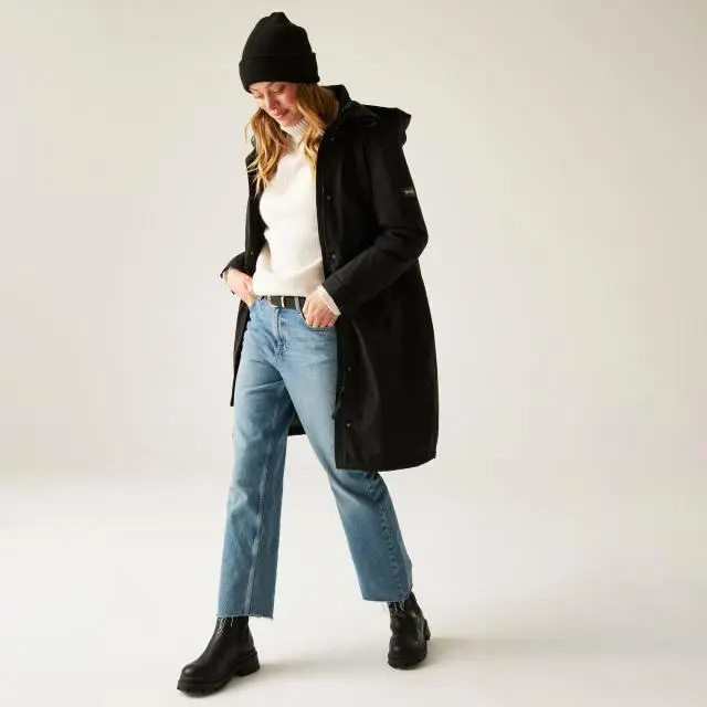 Regatta Women's Yannta Hooded Waterproof Longline Insulated Jacket in Jet Black | Size: 20