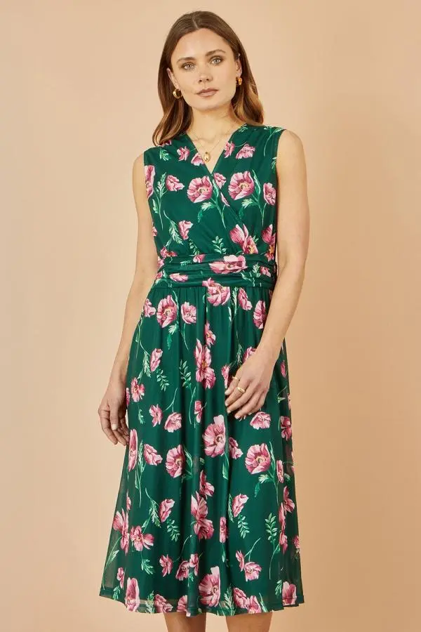 Green Floral Print Mesh Stretch Midi Dress With Pockets