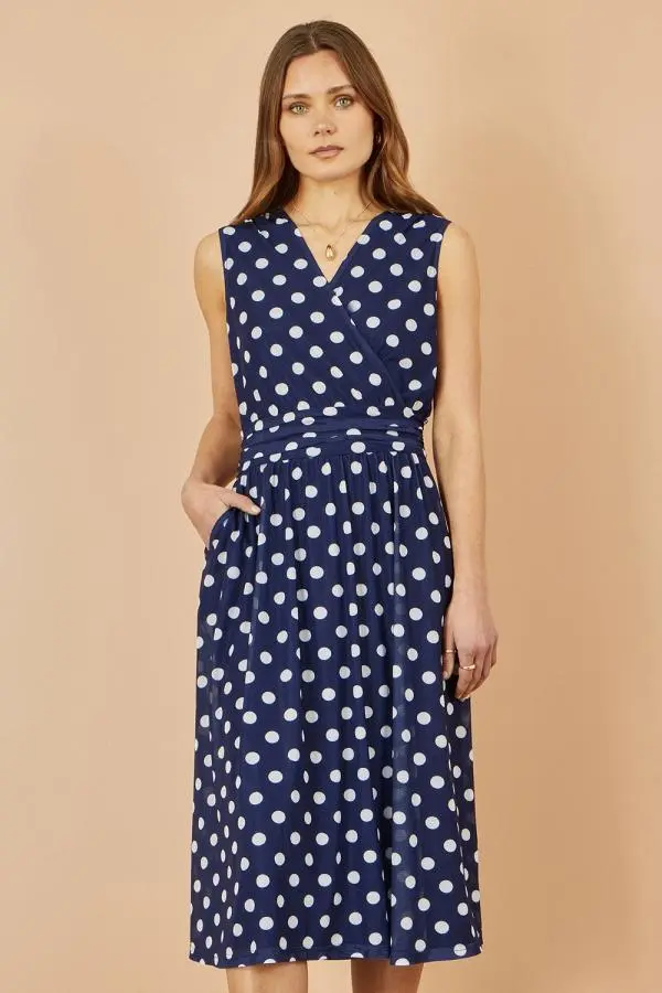 Navy Polka Dot Mesh Wrap Skater Dress With Pockets