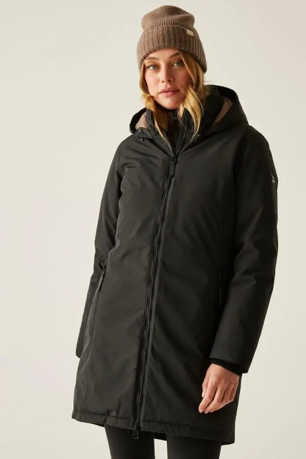 Regatta Women's Marron Longline Hooded Breathable Waterproof Insulated Jacket in Black 