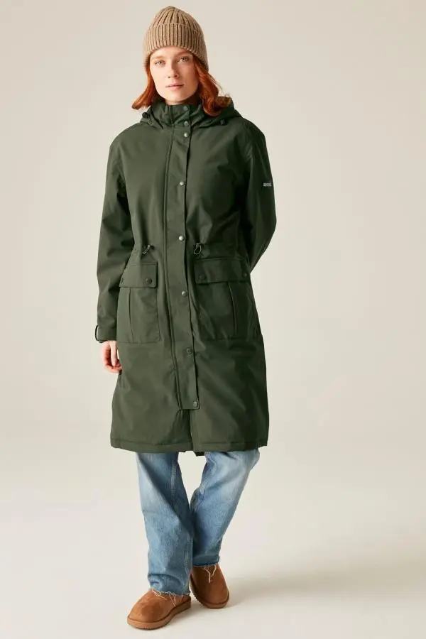 Regatta Women's Yannta Hooded Waterproof Longline Insulated Jacket in Green 