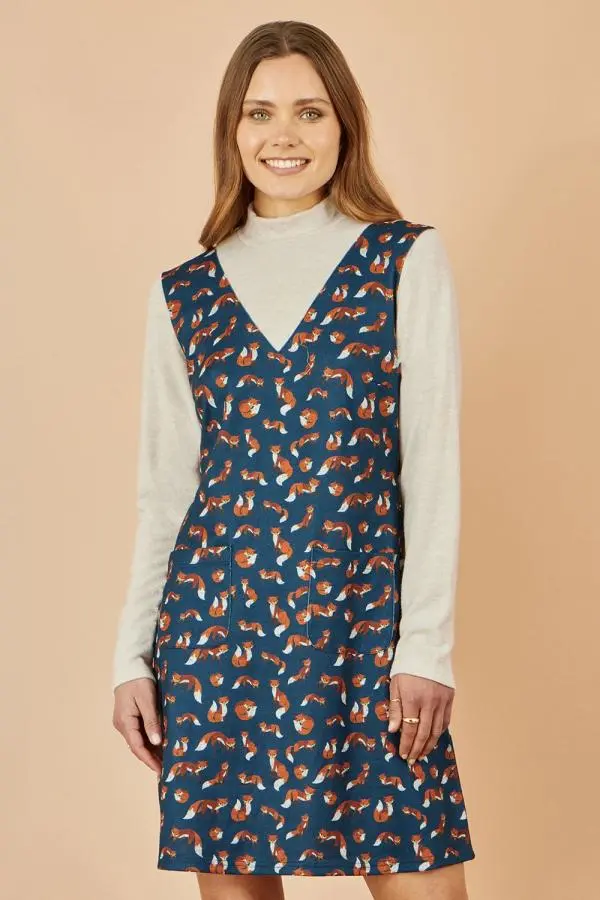 Yumi Women's Navy Fox Long Sleeve Layered Tunic Dress With Front Pocket in Blue 