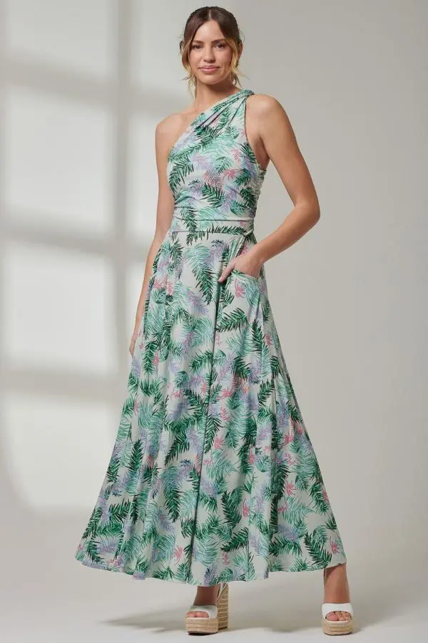 Jolie Moi Women's Leaf Print One Shoulder Maxi Dress in Green 