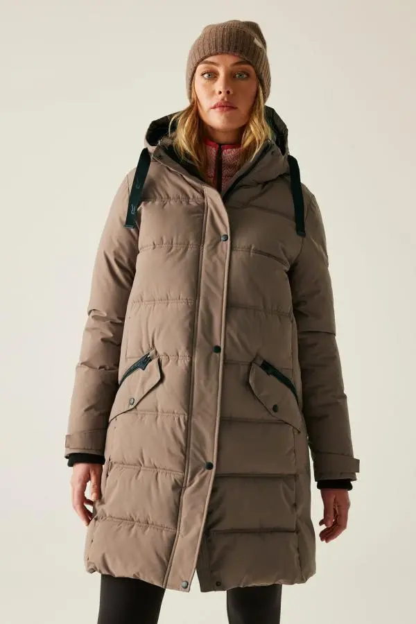 Regatta Women's Eryn Longline Hooded Water-Repellent Padded Jacket in Brown 
