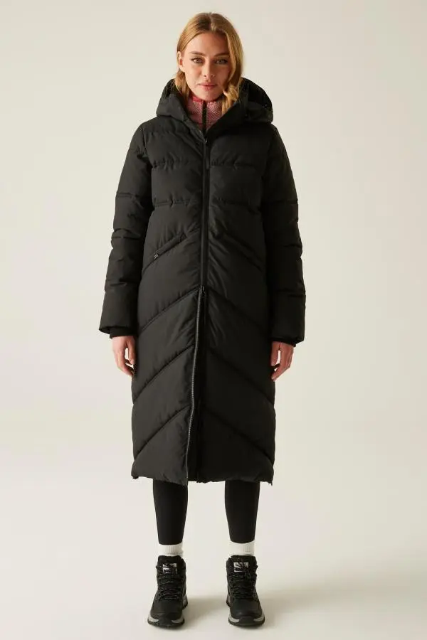 Regatta Women's Ujeane Longline Hooded Water-Repellent Padded Jacket in Jet Black 
