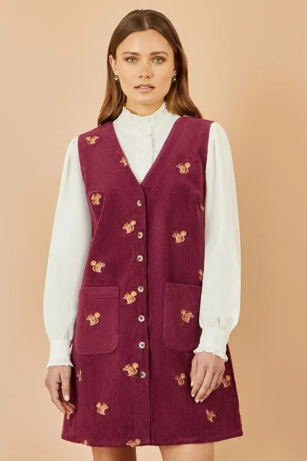 Yumi Women's Burgundy Squirrel Embroidered Button Up Pinafore Dress | Size: 10
