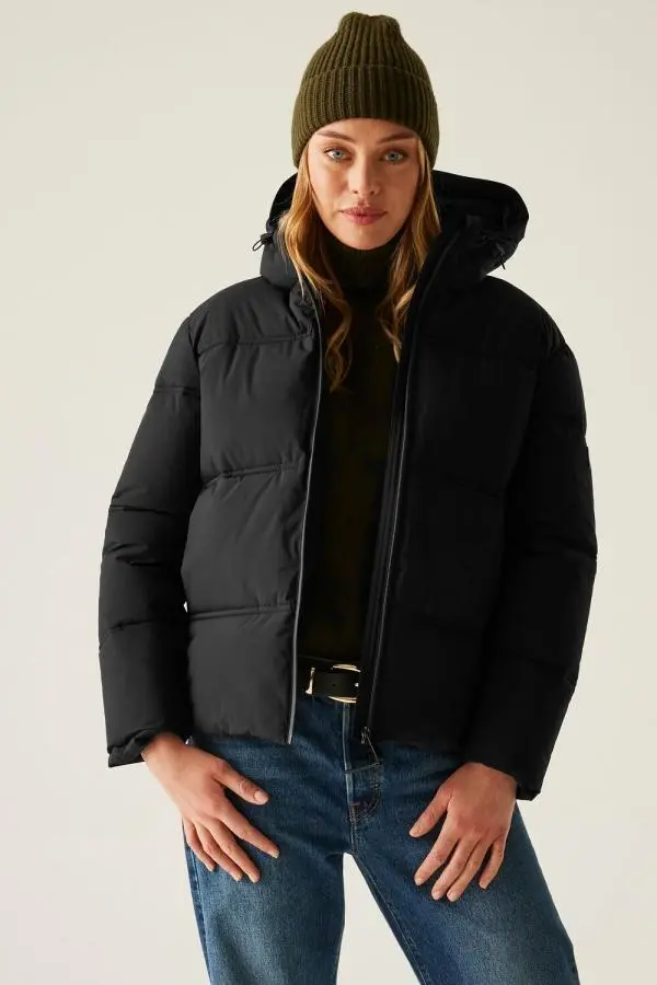 Regatta Women's Roxienne Hooded Water-Repellent Insulating Baffled Jacket in Jet Black 