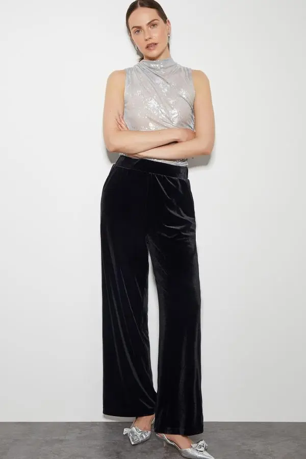 Monsoon Women's Vora Velvet Wide Leg Trousers Black 