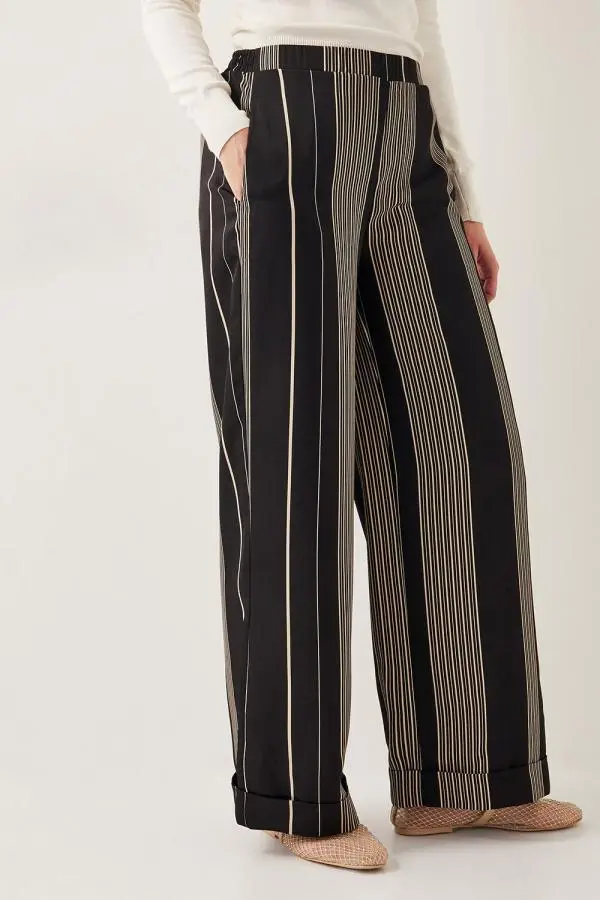 Monsoon Women's Andi Stripe Wide Leg Trousers Black | Size: XL