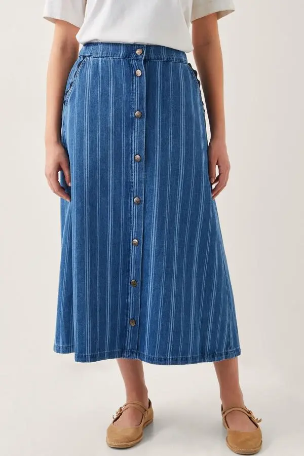 Monsoon Women's Ottilie Stripe Denim Midi Skirt Blue 