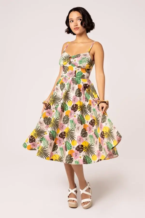Hell Bunny Women's Benita 50's Style Sweatheart Neckline Floral Midi Dress in Beige 