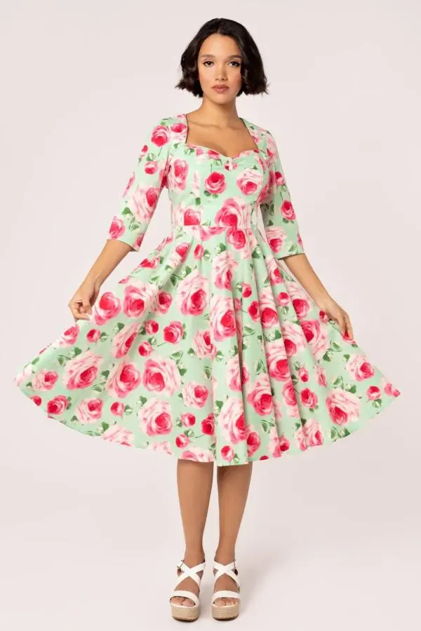 Hell Bunny Women's Claire 50's Style Sweatheart Neckline Floral Dress in Mint 