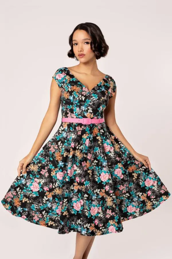 Hell Bunny Women's Umi 50's Style V Neckline Floral Midi Dress in Black 