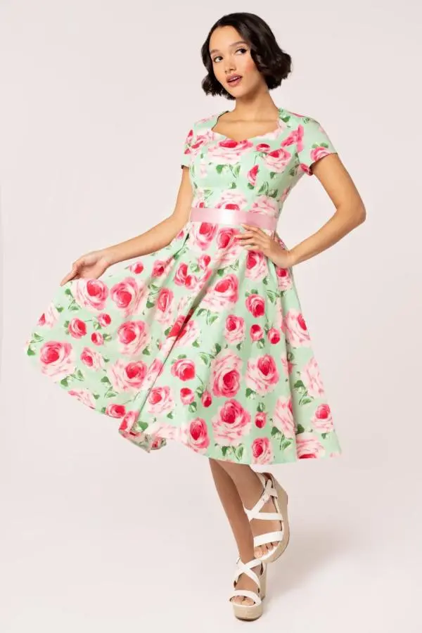 Hell Bunny Women's Camille 50s Style V Neckline Vintage Inspired Midi Dress in Mint 