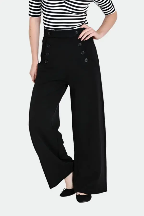 Hell Bunny Women's Carlie High Waisted Plain Swing Trousers Black 