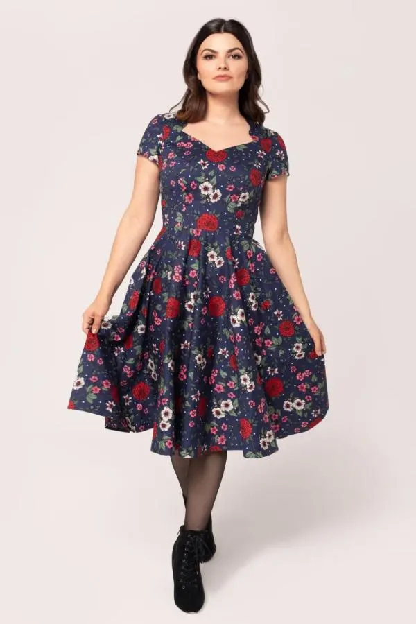 Hell Bunny Women's Camellia Printed 50's Midi Floral Dress in Blue 