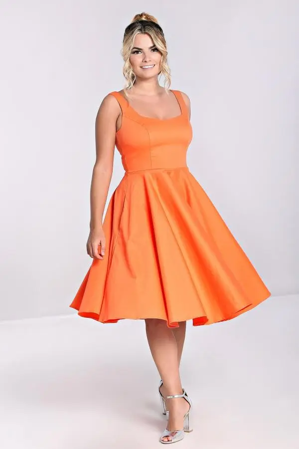 Hell Bunny Women's 50s Style Cotton Satin Orange Midi Dress with Sweetheart Neckline, Flared Skirt & Pockets 