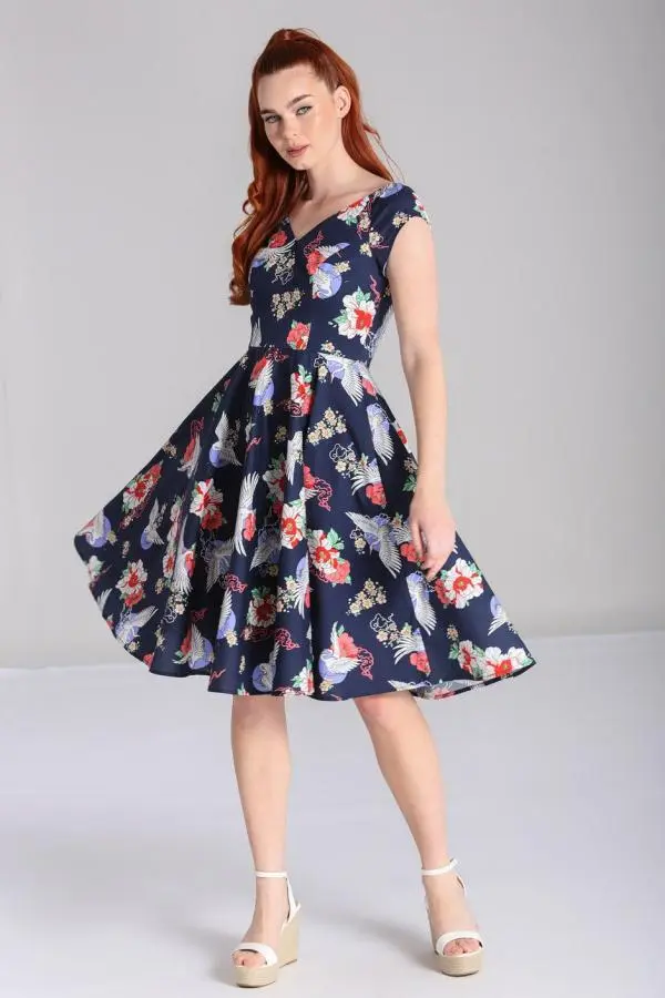 Hell Bunny Women's Misa Printed 50's Style Midi Dress Navy 