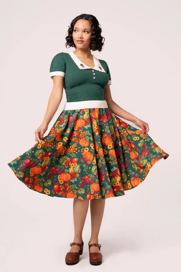 Hell Bunny Women's Pumpkin Patch 50s Style Green Base Midi Skirt 