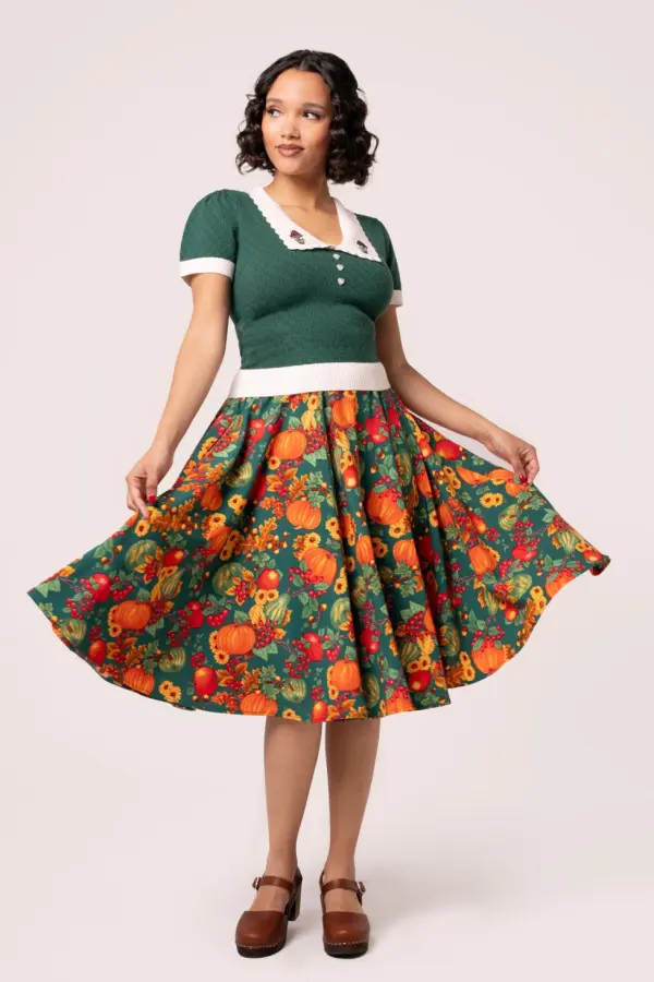 Hell Bunny Women's Pumpkin Patch 50s Style Green Base Midi Skirt 