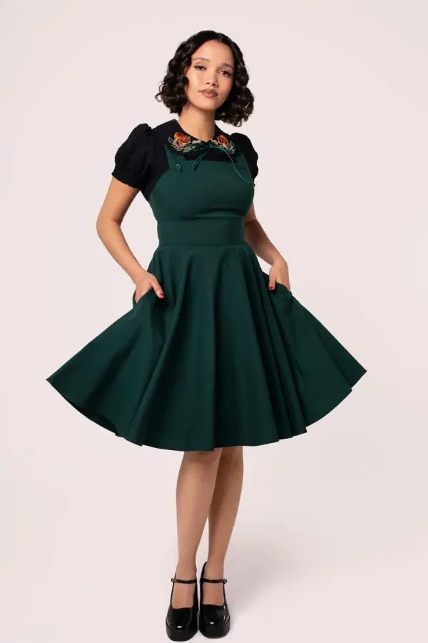 Hell Bunny Women's Patti Crossover Straps Front Button Midi Dress in Green 