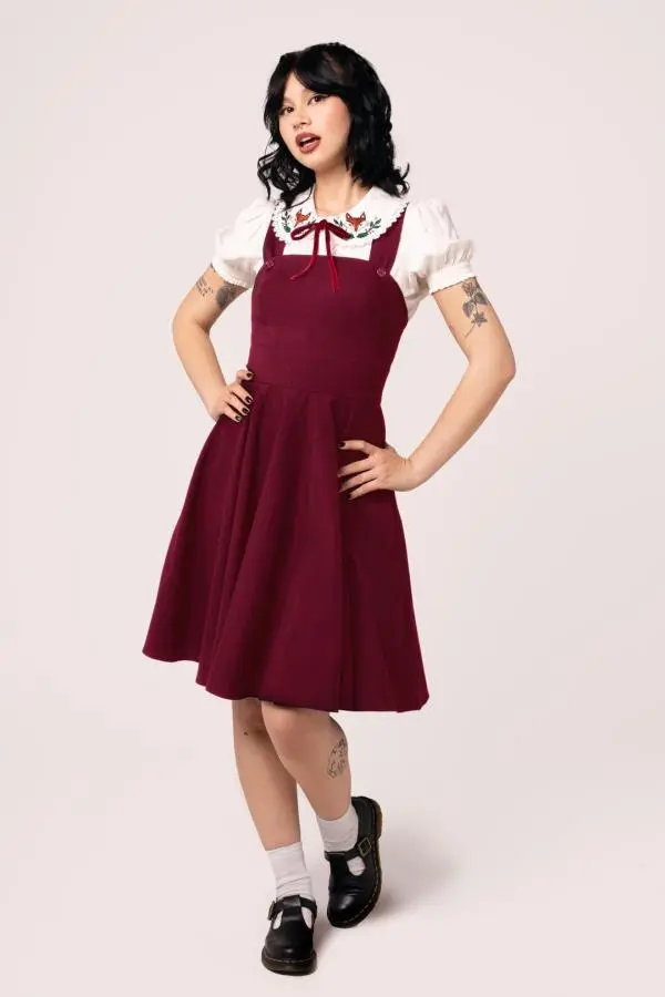 Hell Bunny Women's Patti Crossover Straps Front Button Midi Dress in Burgundy 
