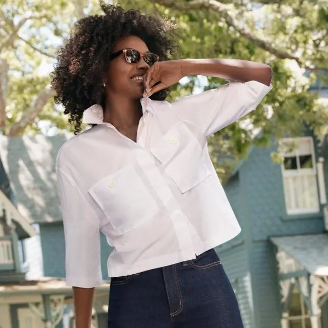 Lands' End Women's Cropped Patch Pocket Shirt in White 