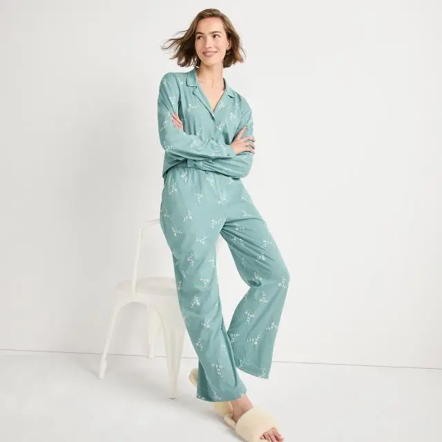 Lands' End Women's Embroidered Cotton Jersey Pyjama Set in Teal 
