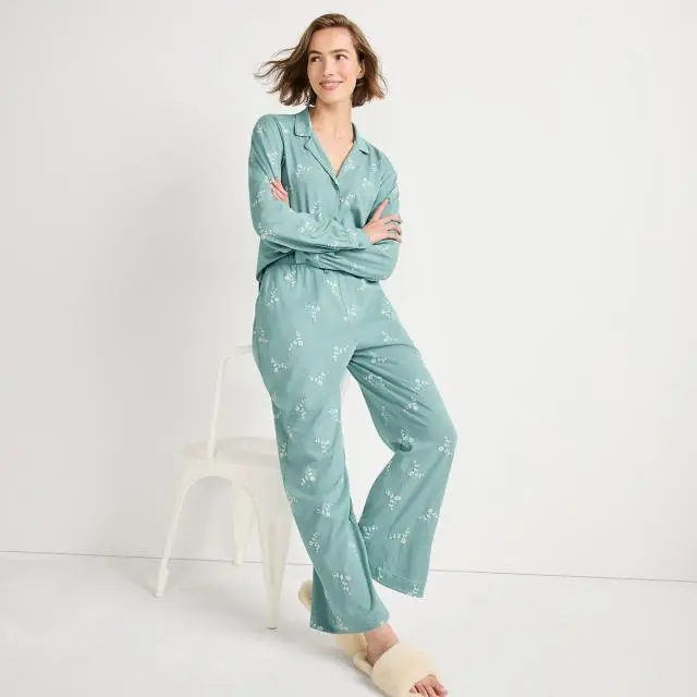 Lands' End Women's Embroidered Cotton Jersey Pyjama Set in Teal 