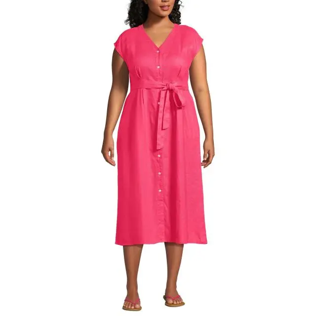 Lands' End Women's Plus Pleated Linen Midi Dress in Pink 
