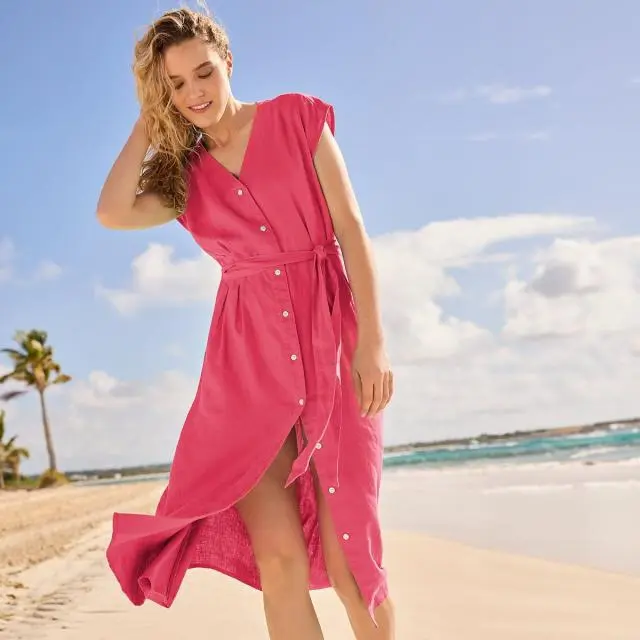 Plus Pleated Linen Midi Dress