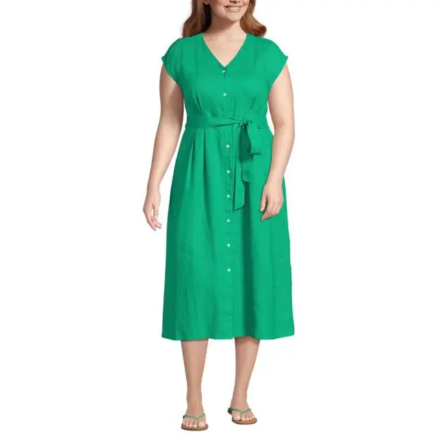 Lands' End Women's Plus Pleated Linen Midi Dress in Bright Green | Size: 20-22