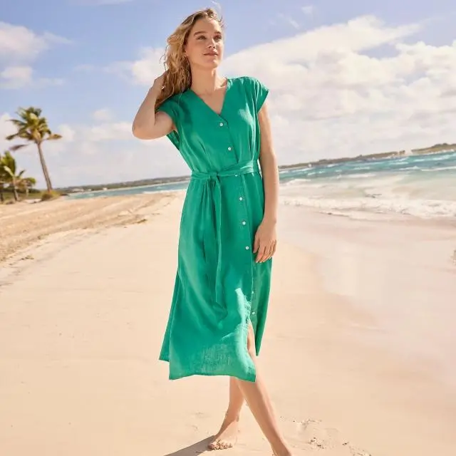 Plus Pleated Linen Midi Dress
