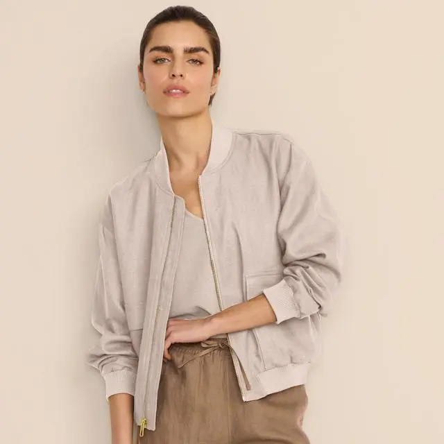 Lands' End Women's Linen Bomber Jacket in Beige | Size: 14-16