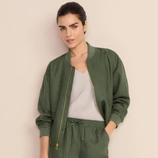 Lands' End Women's Premium Pure Linen Bomber Jacket in Dark Green 