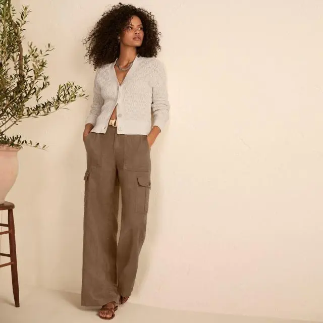 Petite Wide Leg Linen Cargo Trousers