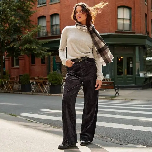 Lands' End Women's Petite Wide Leg Cord Jeans, High Waisted in Black | Size: 12