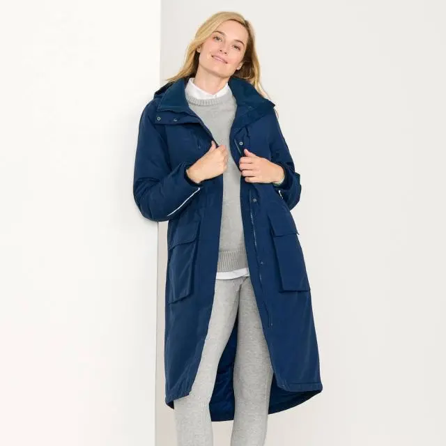 Lands' End Women's Petite Squall Waterproof Stadium Long Coat in Navy 
