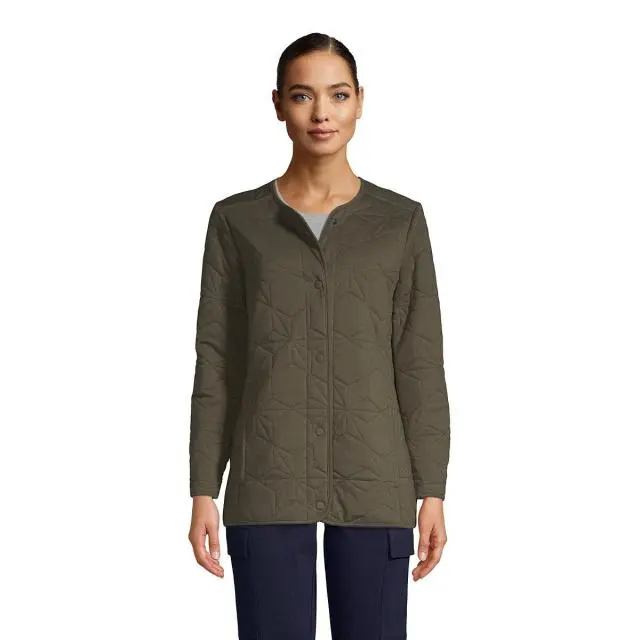 Lands' End Women's Petite PrimaLoft Cotton Modal Long Quilted Jacket in Dark Green 