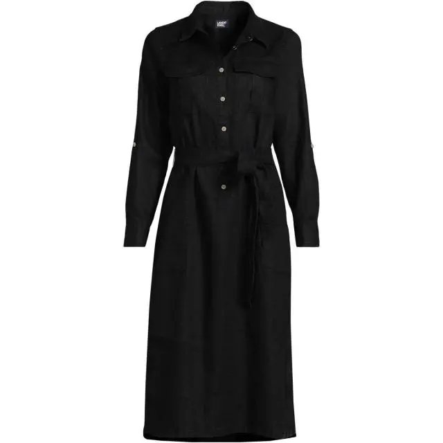 Lands' End Women's Roll Sleeve Linen Shirt Dress in Black 