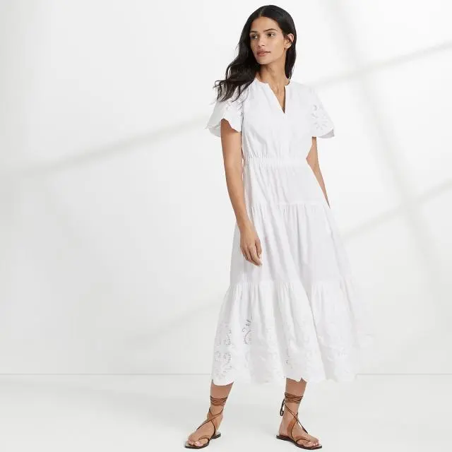 Lands' End Women's Tiered Embroidered Cutwork Maxi Dress in White | Size: 10-12