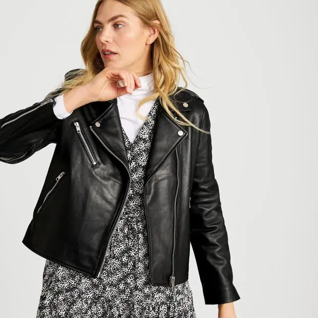 Lands' End Women's Leather Biker Jacket in Black 