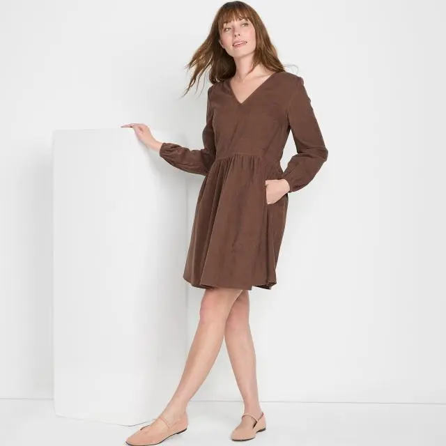 Lands' End Women's Cotton Needlecord V-neck Dress in Dark Brown 