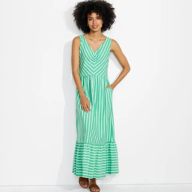 Lands' End Women's Plus Sleeveless Jersey V-neck Maxi Dress in Green 