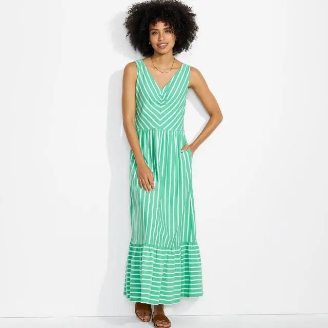 Lands' End Women's Sleeveless Jersey V-neck Maxi Dress in Green 